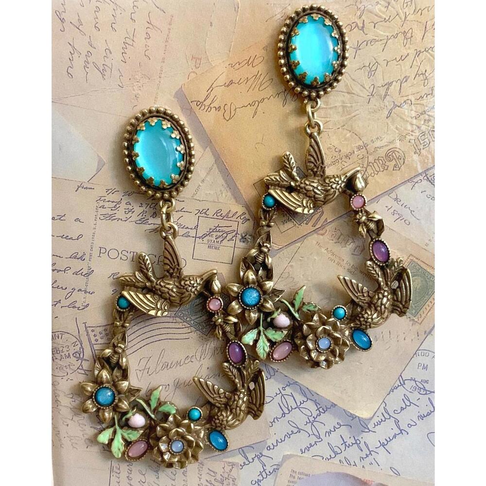 Hummingbird Flower Teardrop Dangle Earrings Teal Cabochon Statement Drop - Picture 4 of 4